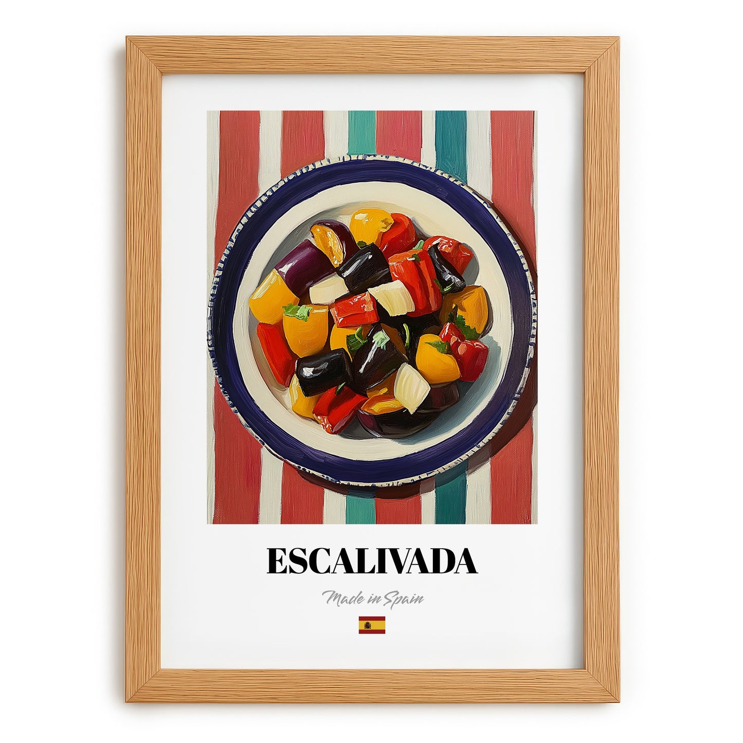 Escalivada – on Striped Tablecloth, Spanish Food Print, set in oak frame