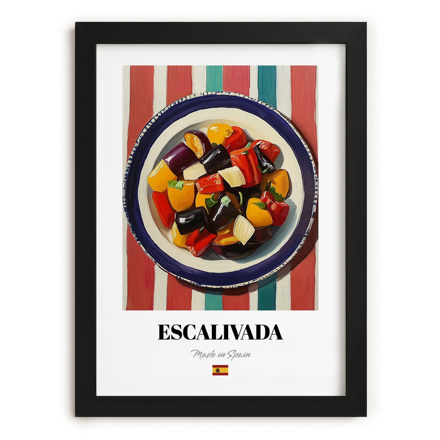 Escalivada – on Striped Tablecloth, Spanish Food Print, in sleek black frame