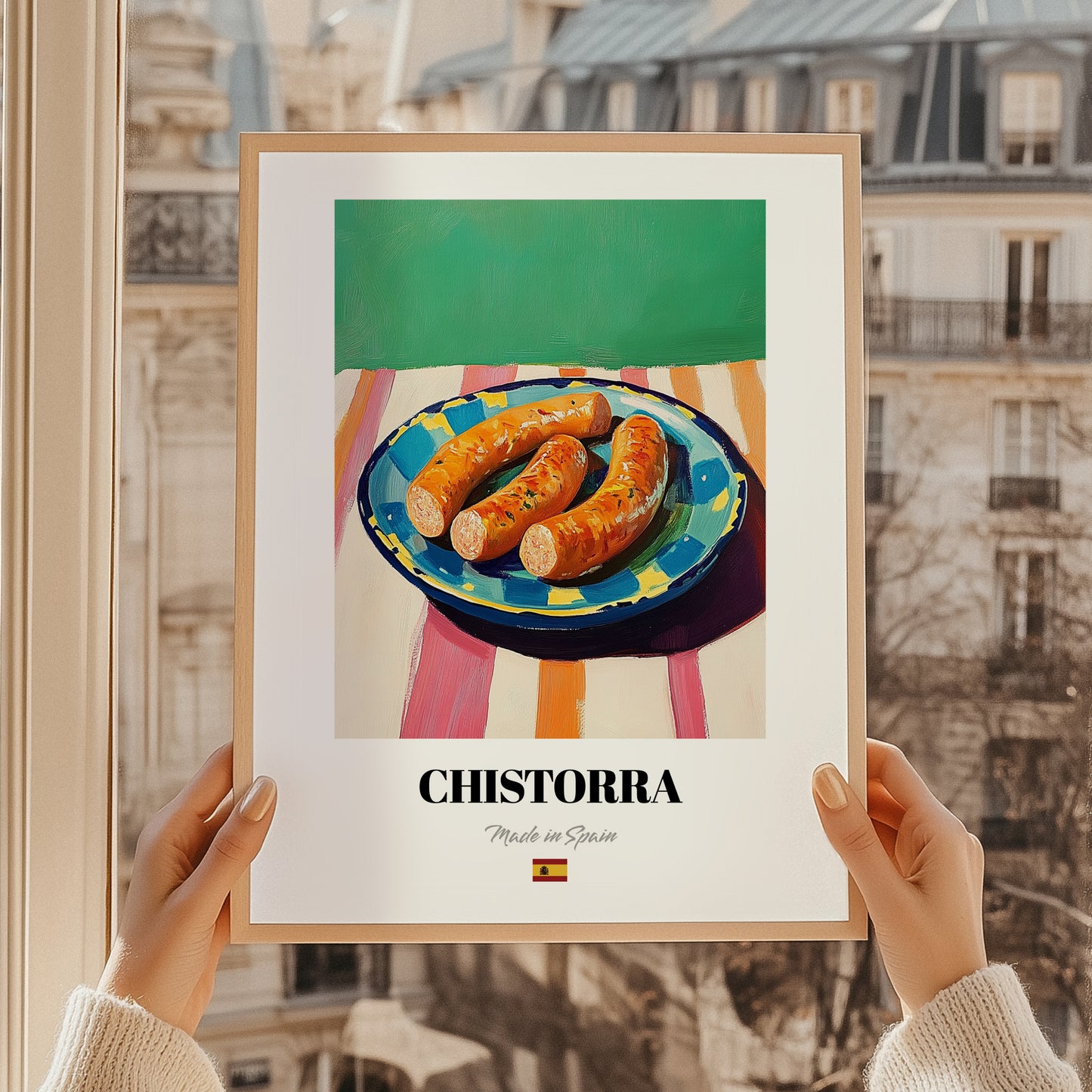 Chistorra – Oil Painting, Spanish Food Illustration, styled in a charming Paris street view