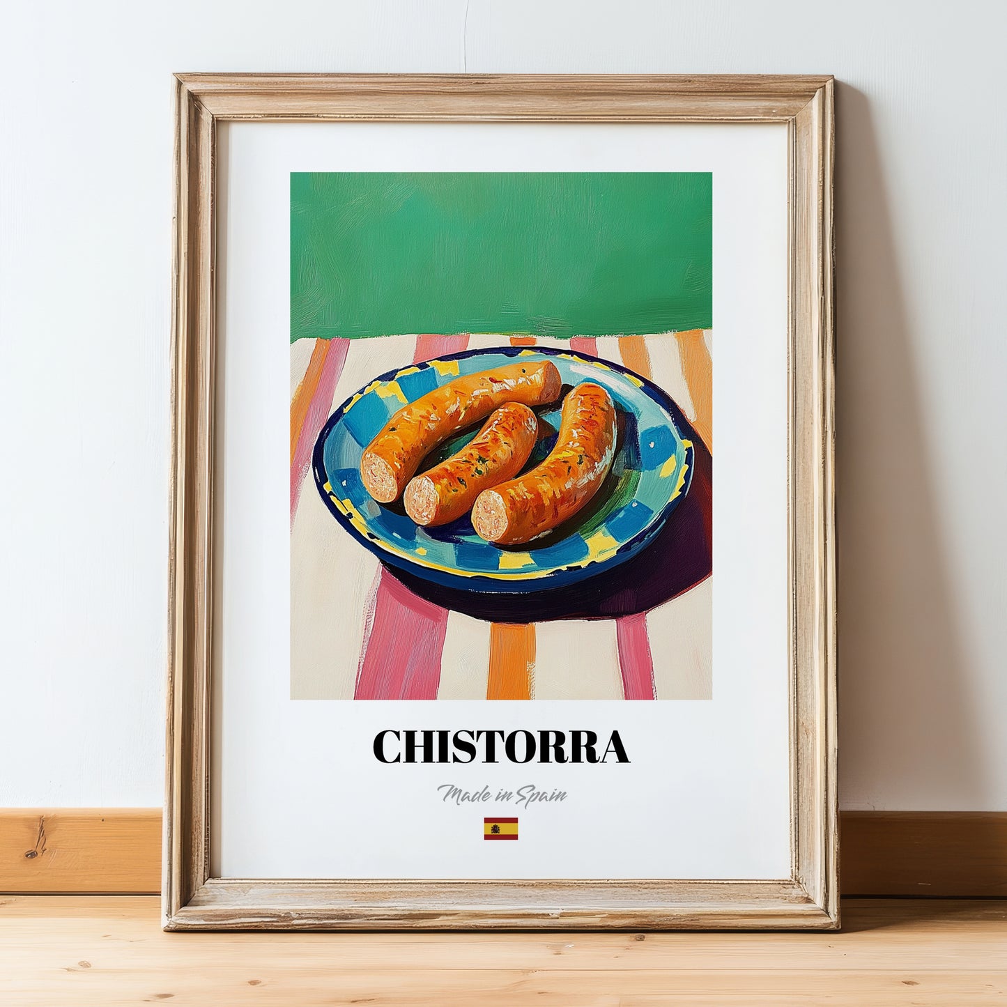 Chistorra – Oil Painting, Spanish Food Illustration, in wooden frame leaning on the floor