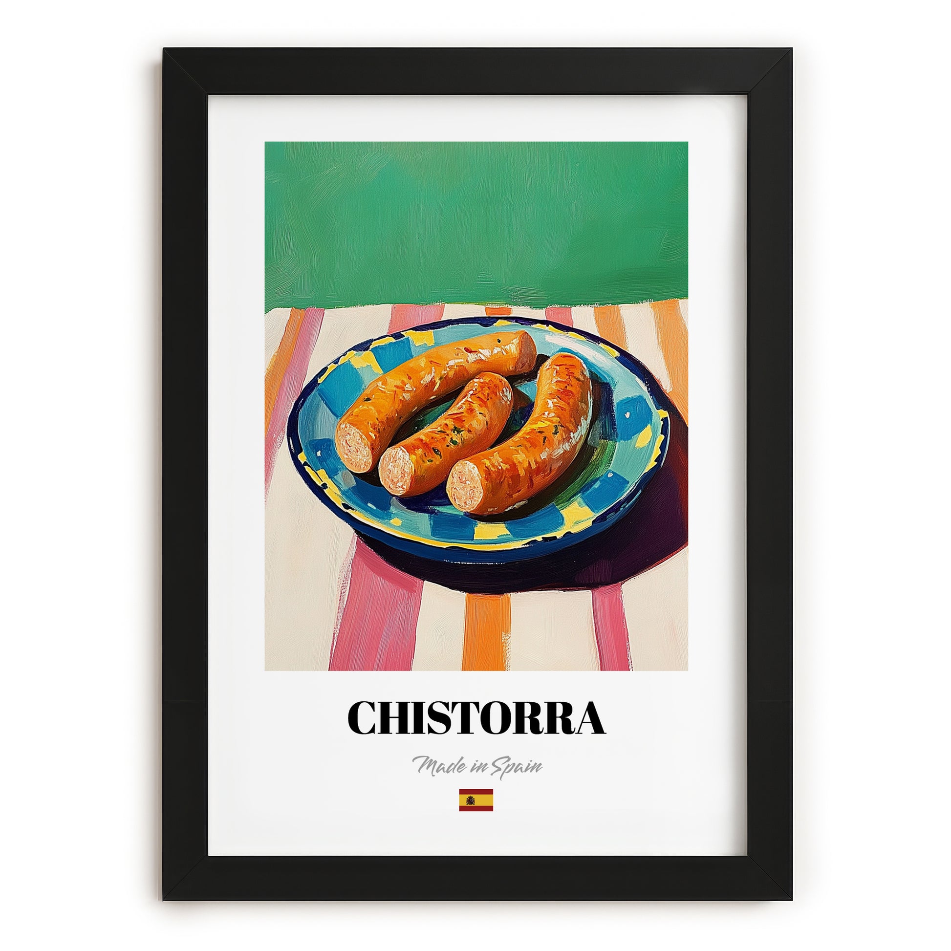 Chistorra – Oil Painting, Spanish Food Illustration, in sleek black frame