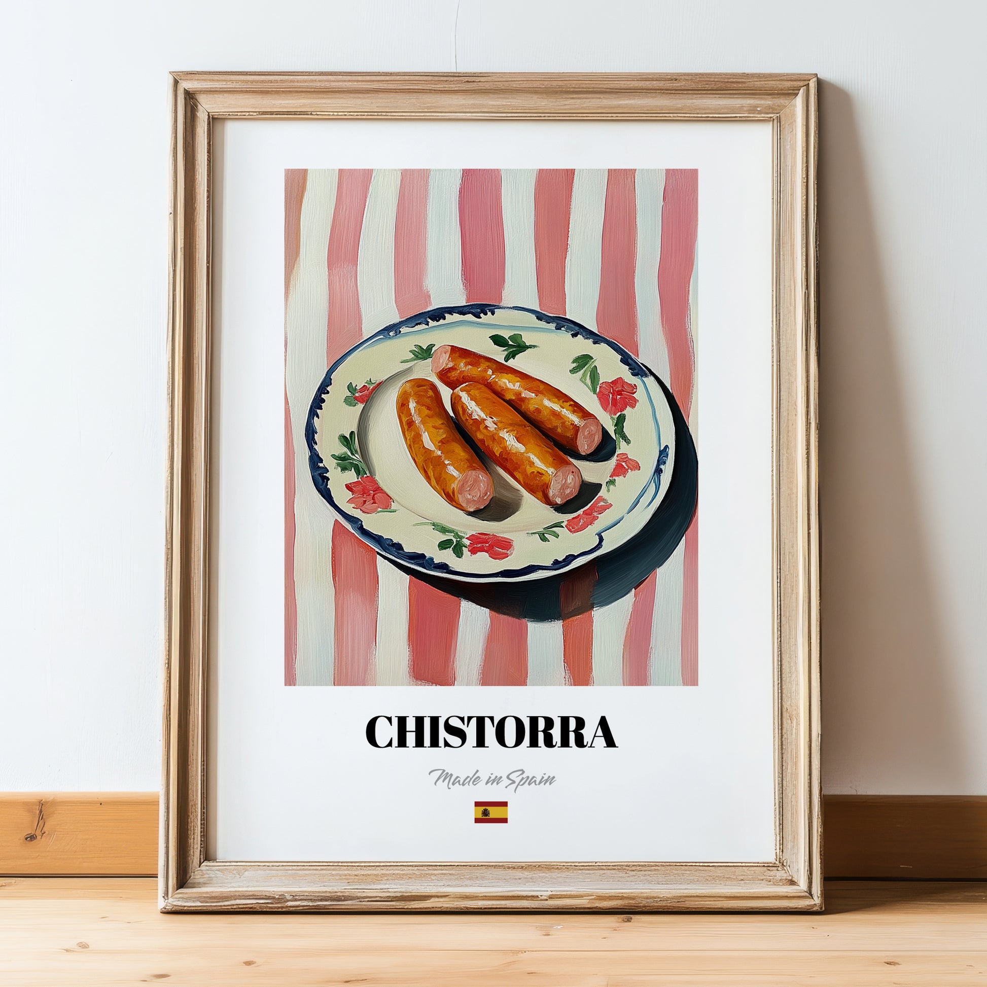 Chistorra – on Striped Tablecloth, Spanish Food Painting, in wooden frame leaning on the floor