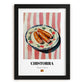 Chistorra – on Striped Tablecloth, Spanish Food Painting, in sleek black frame
