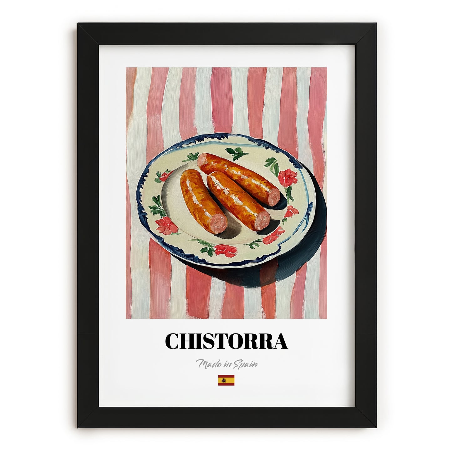 Chistorra – on Striped Tablecloth, Spanish Food Painting, in sleek black frame