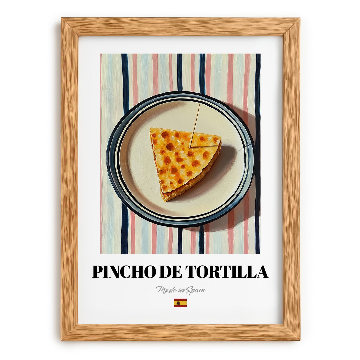 Pincho de Tortilla – on Striped Tablecloth, Spanish Food Painting, set in oak frame