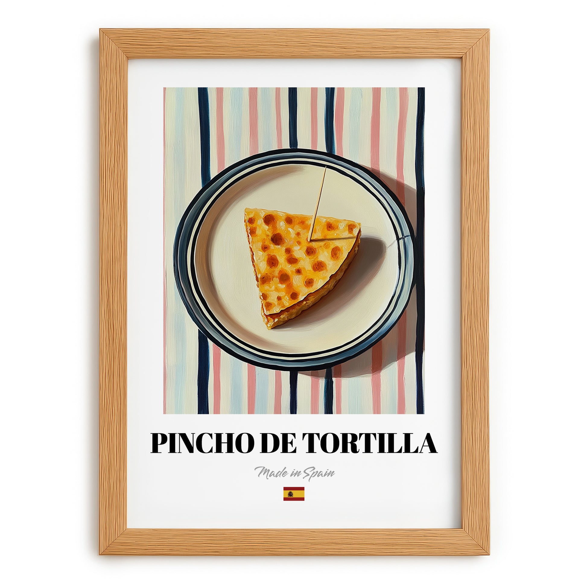 Pincho de Tortilla – on Striped Tablecloth, Spanish Food Painting, set in oak frame