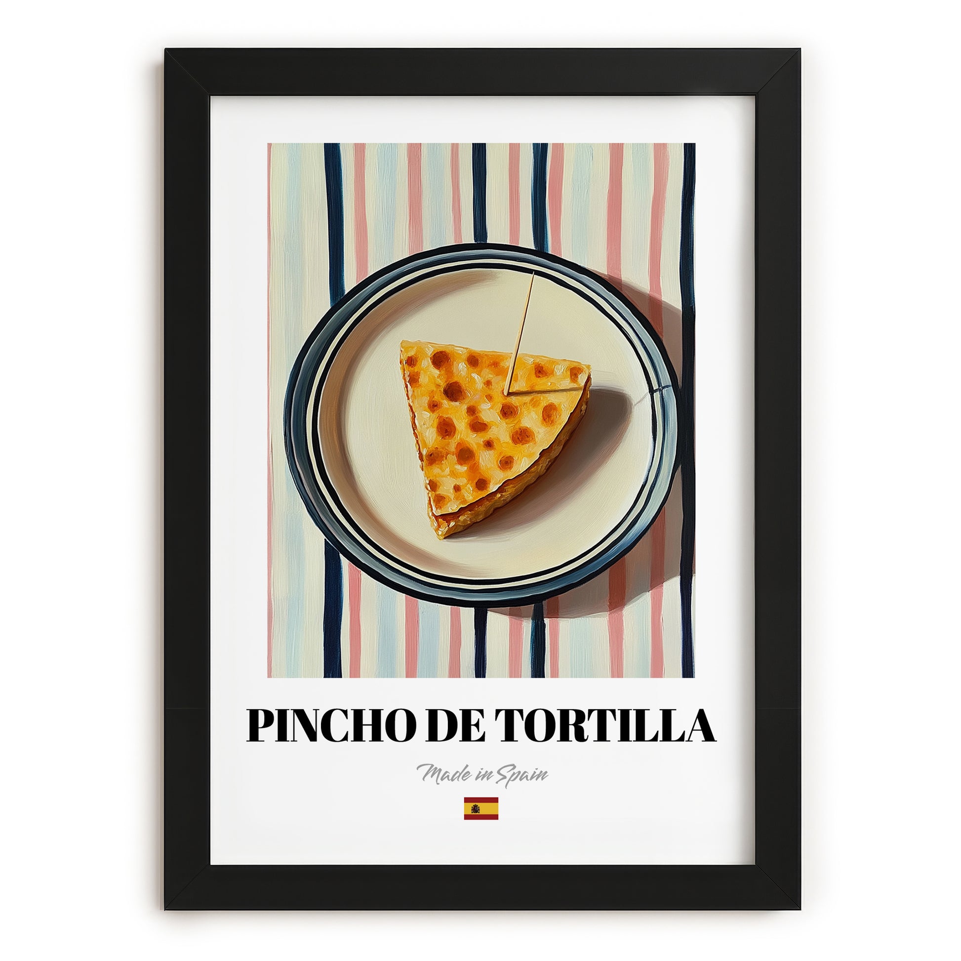 Pincho de Tortilla – on Striped Tablecloth, Spanish Food Painting, in sleek black frame