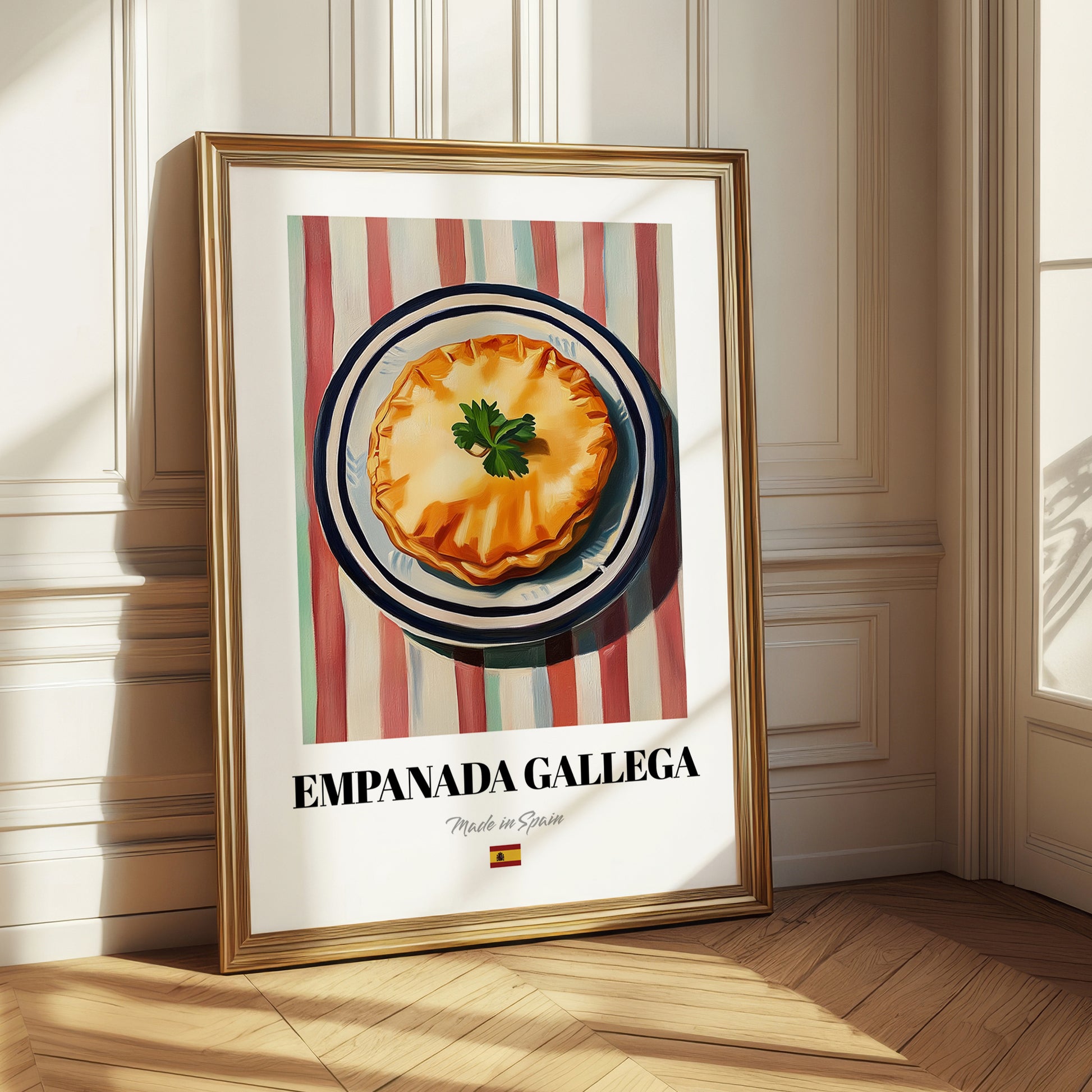Empanada Gallega – on Striped Tablecloth, Spanish Pastry Painting 