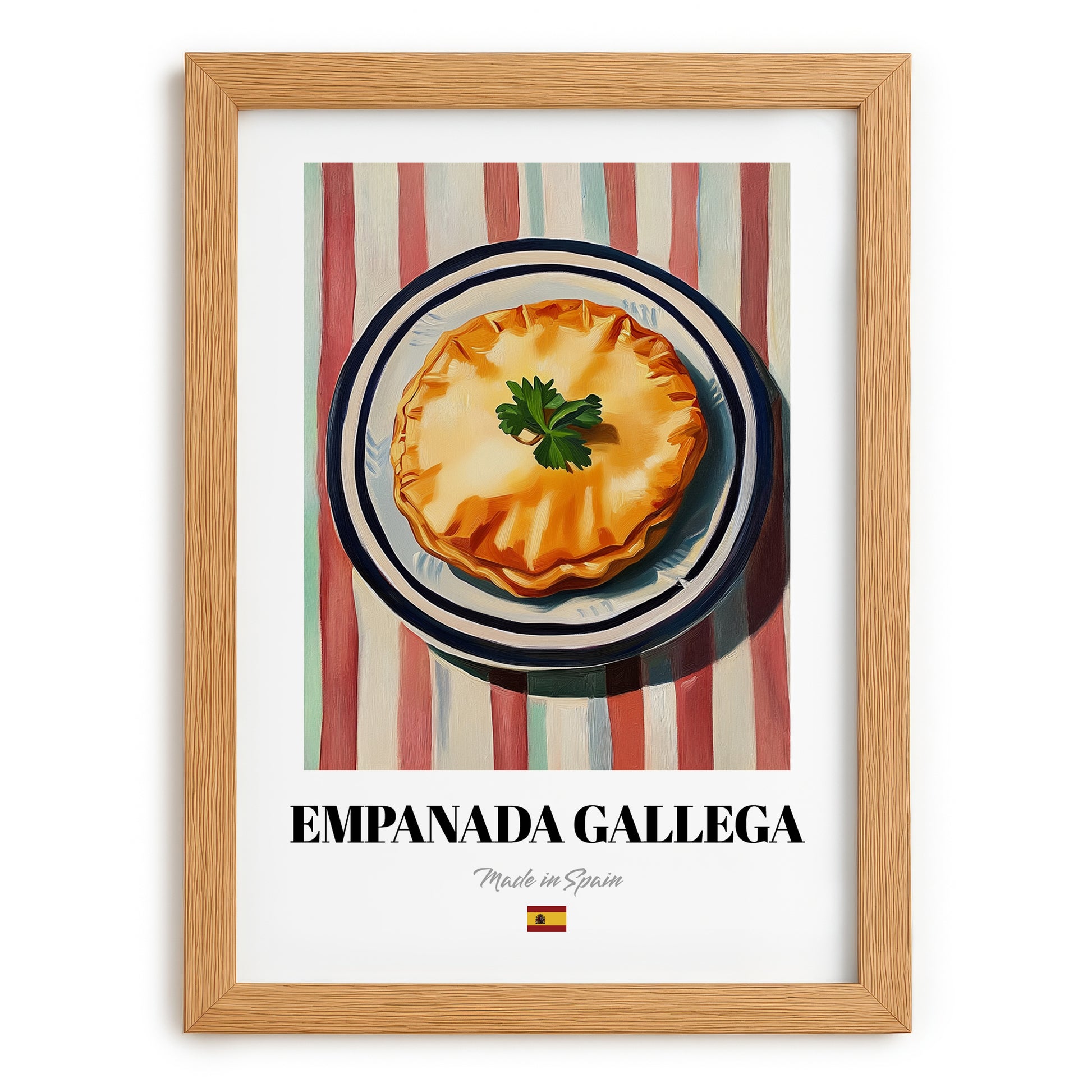 Empanada Gallega – on Striped Tablecloth, Spanish Pastry Painting, set in oak frame
