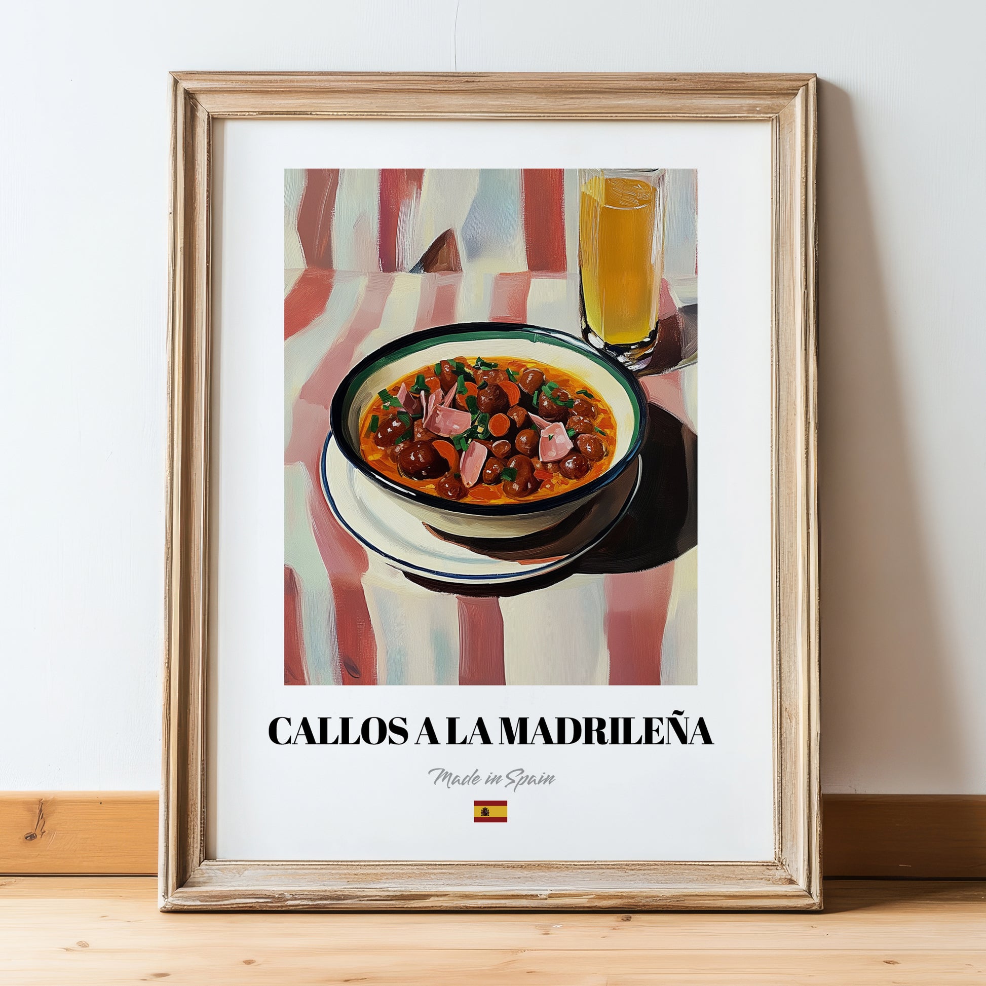 Callos a la Madrileña – on Striped Tablecloth, Spanish Food Illustration, in wooden frame leaning on the floor