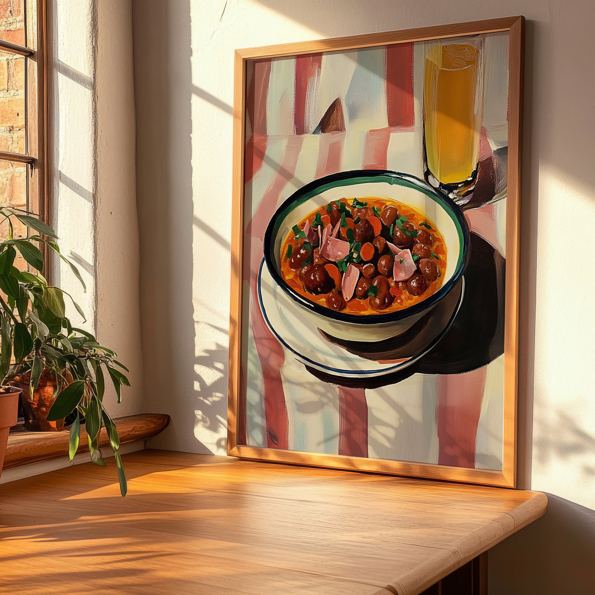 Callos a la Madrileña – on Striped Tablecloth, Spanish Food Illustration, clean layout with no caption