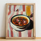 Callos a la Madrileña – on Striped Tablecloth, Spanish Food Illustration, no-text version framed in wood