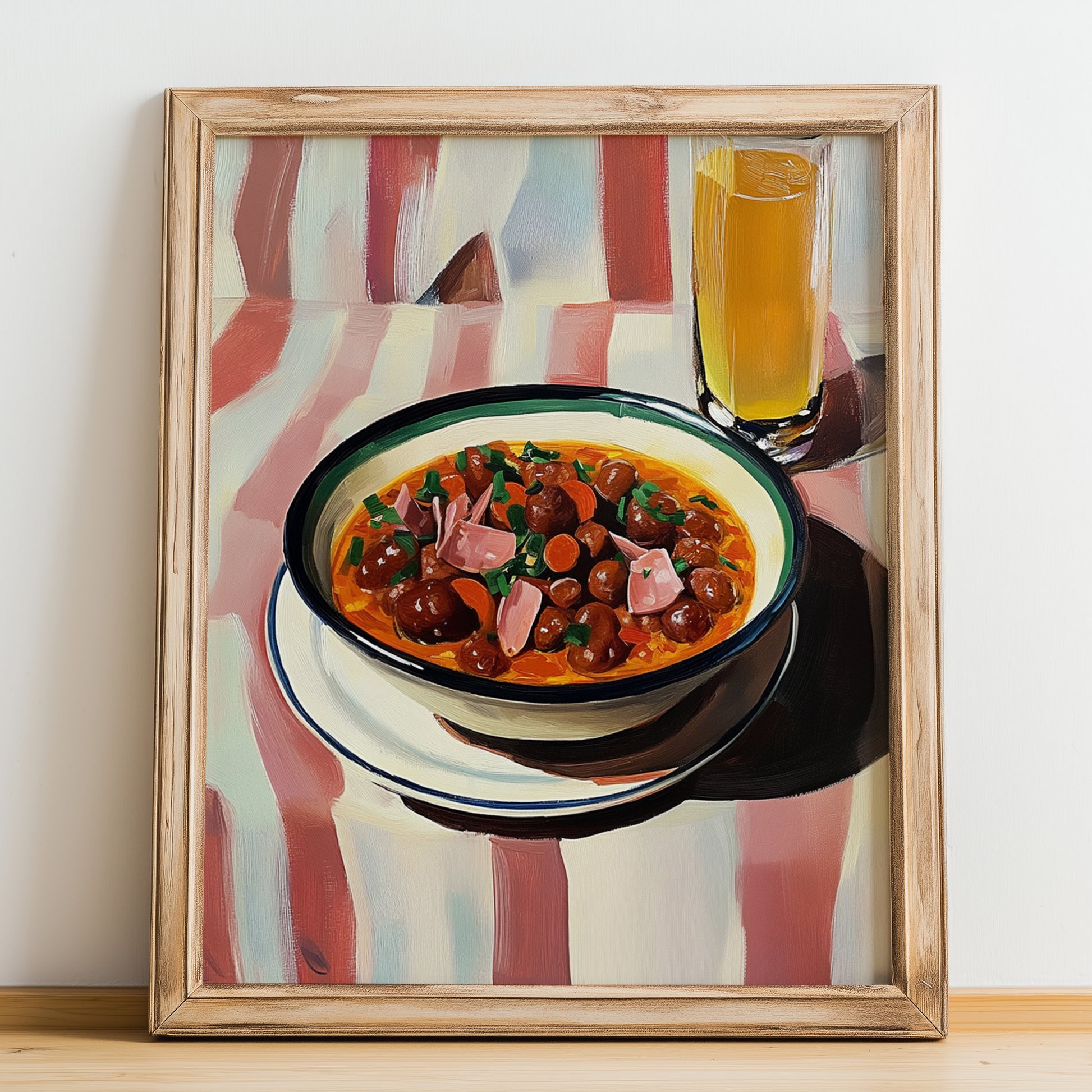 Callos a la Madrileña – on Striped Tablecloth, Spanish Food Illustration, no-text version framed in wood