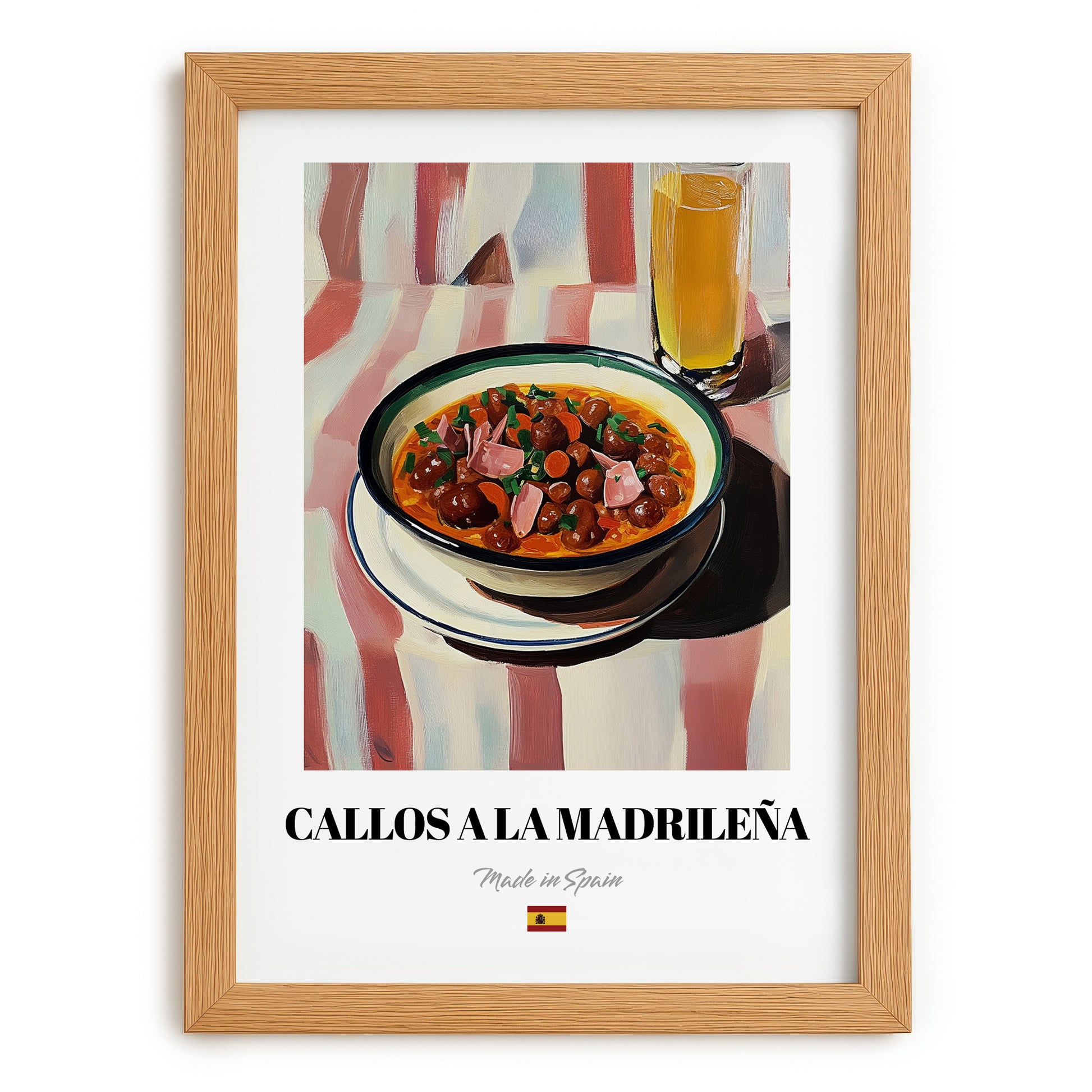 Callos a la Madrileña – on Striped Tablecloth, Spanish Food Illustration, set in oak frame
