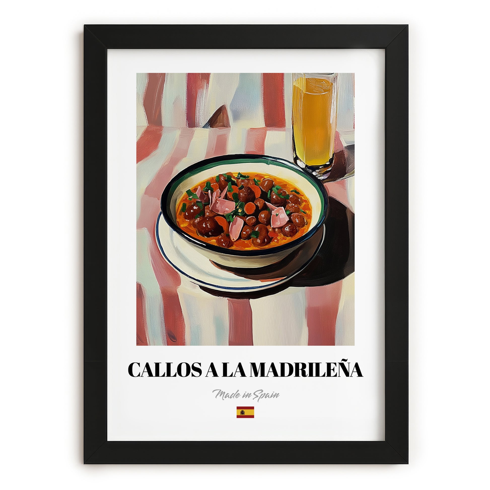 Callos a la Madrileña – on Striped Tablecloth, Spanish Food Illustration, in sleek black frame