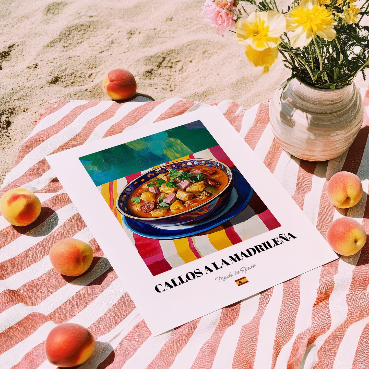 Callos a la Madrileña – Colorful Oil Painting, Spanish Food Wall Decor, unframed on coastal sand