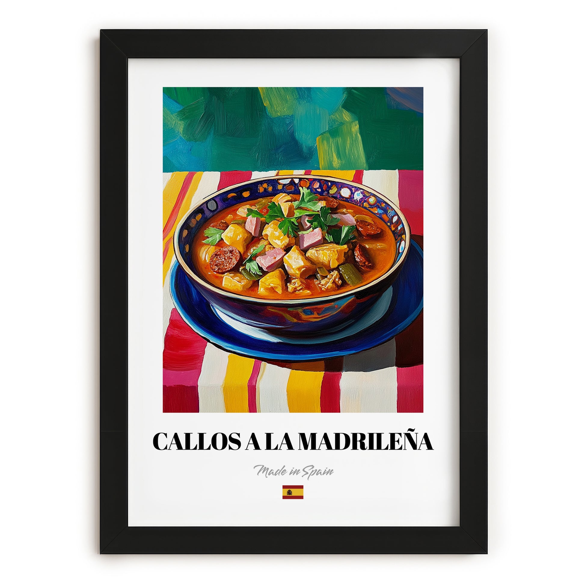 Callos a la Madrileña – Colorful Oil Painting, Spanish Food Wall Decor, in sleek black frame