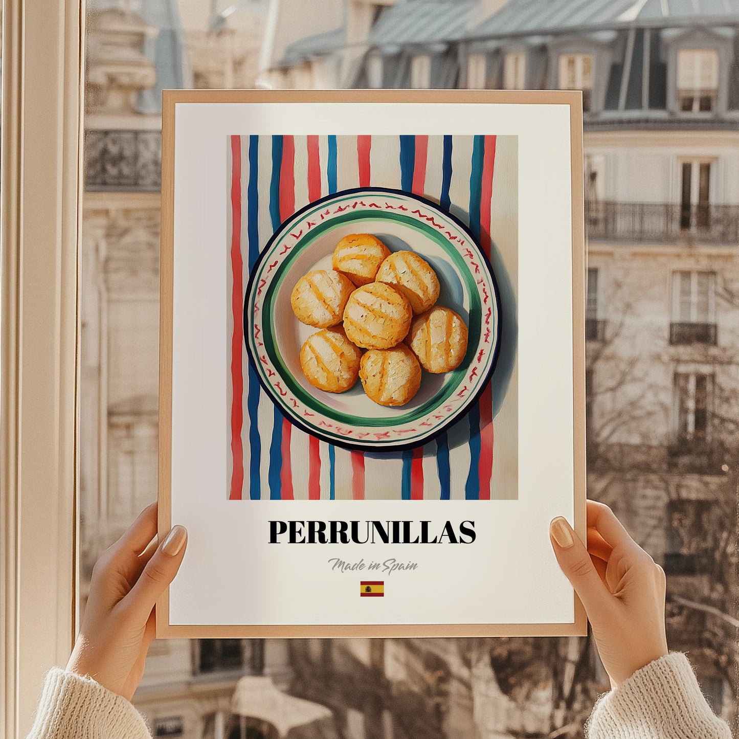 Perrunillas – on Striped Tablecloth, Spanish Dessert Wall Decor, styled in a charming Paris street view