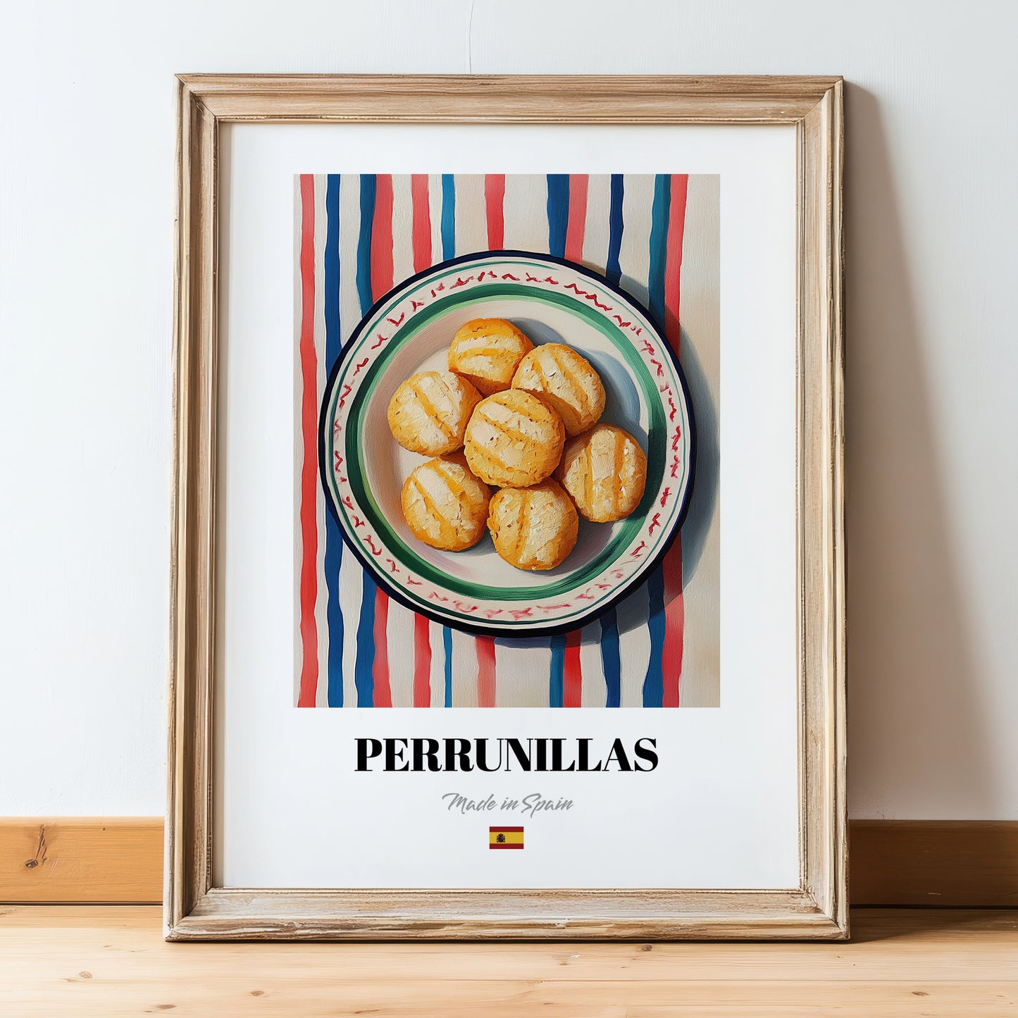 Perrunillas – on Striped Tablecloth, Spanish Dessert Wall Decor, in wooden frame leaning on the floor