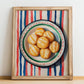Perrunillas – on Striped Tablecloth, Spanish Dessert Wall Decor, no-text version framed in wood