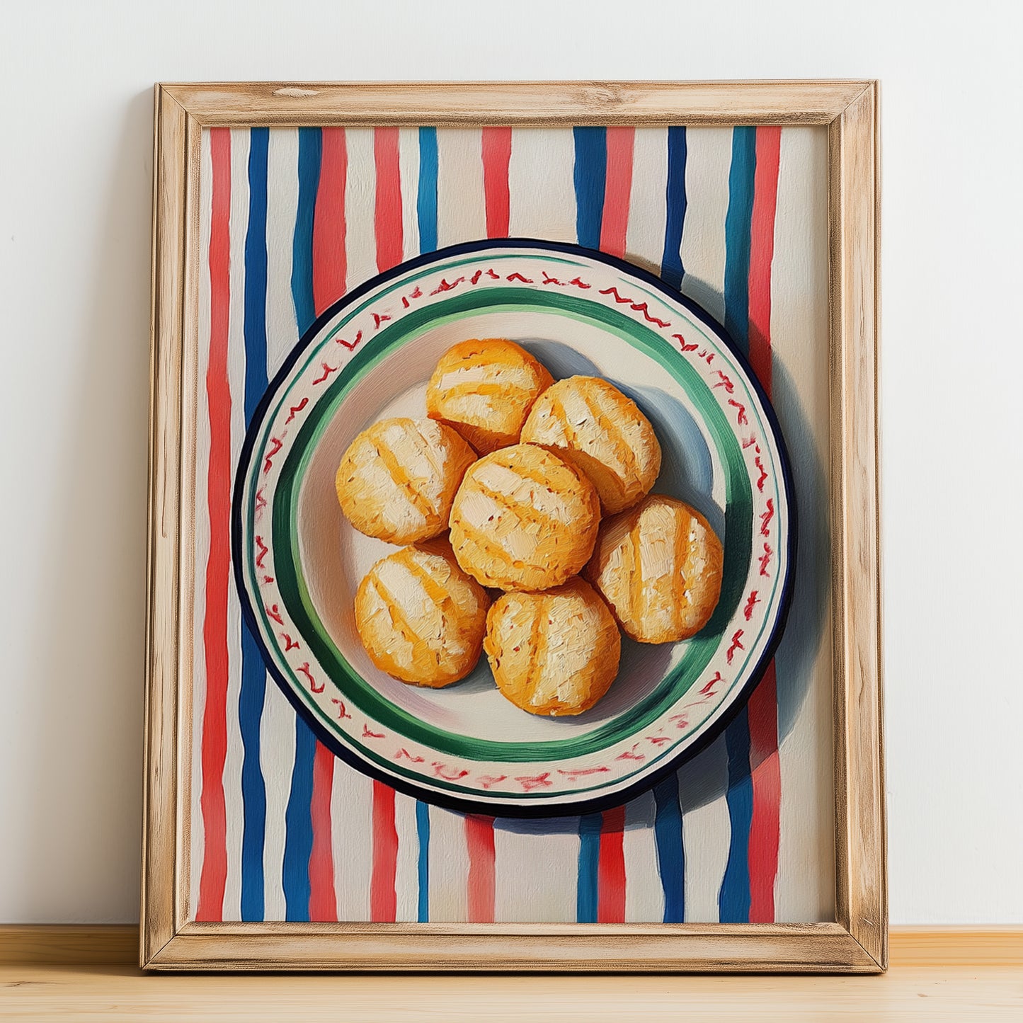 Perrunillas – on Striped Tablecloth, Spanish Dessert Wall Decor, no-text version framed in wood