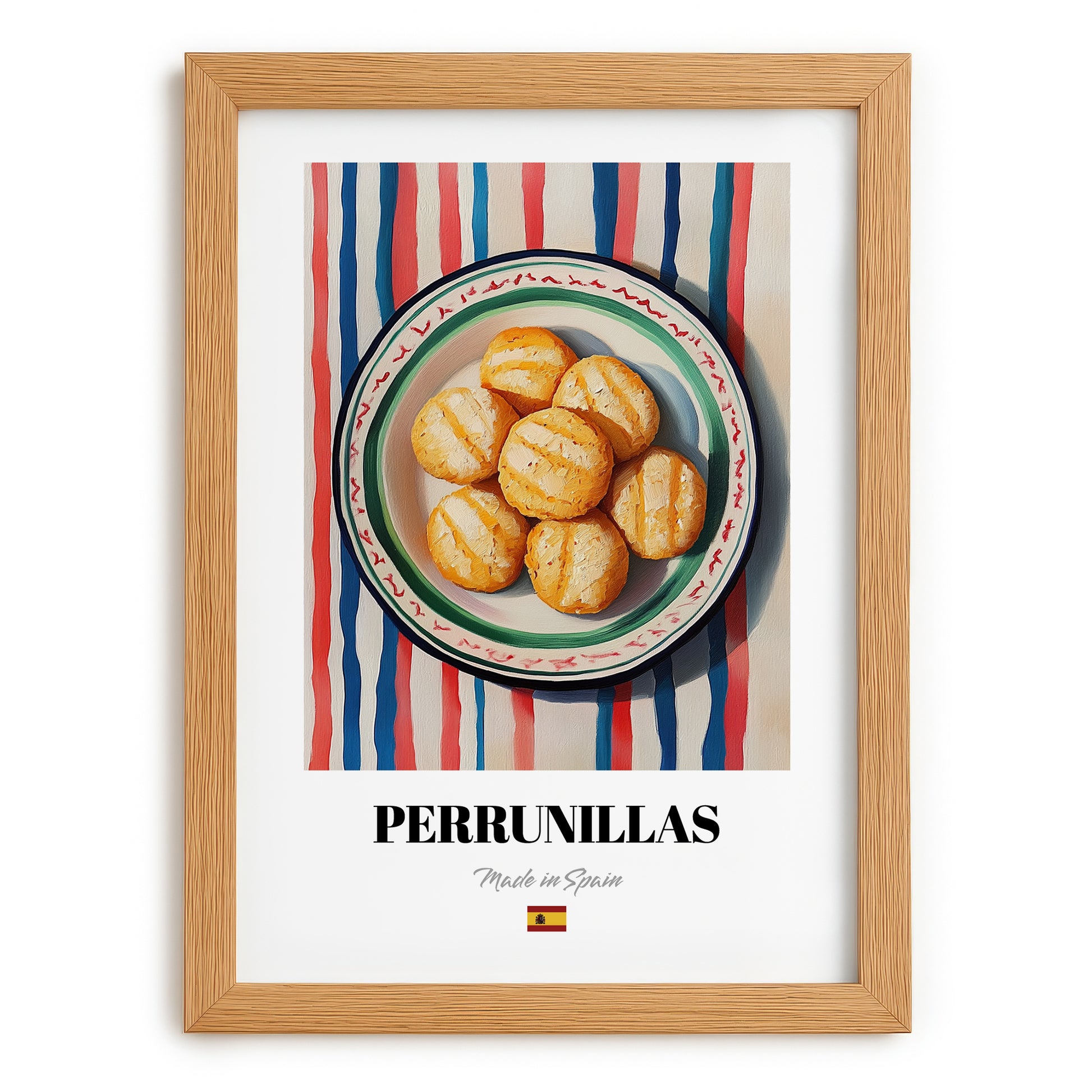 Perrunillas – on Striped Tablecloth, Spanish Dessert Wall Decor, set in oak frame
