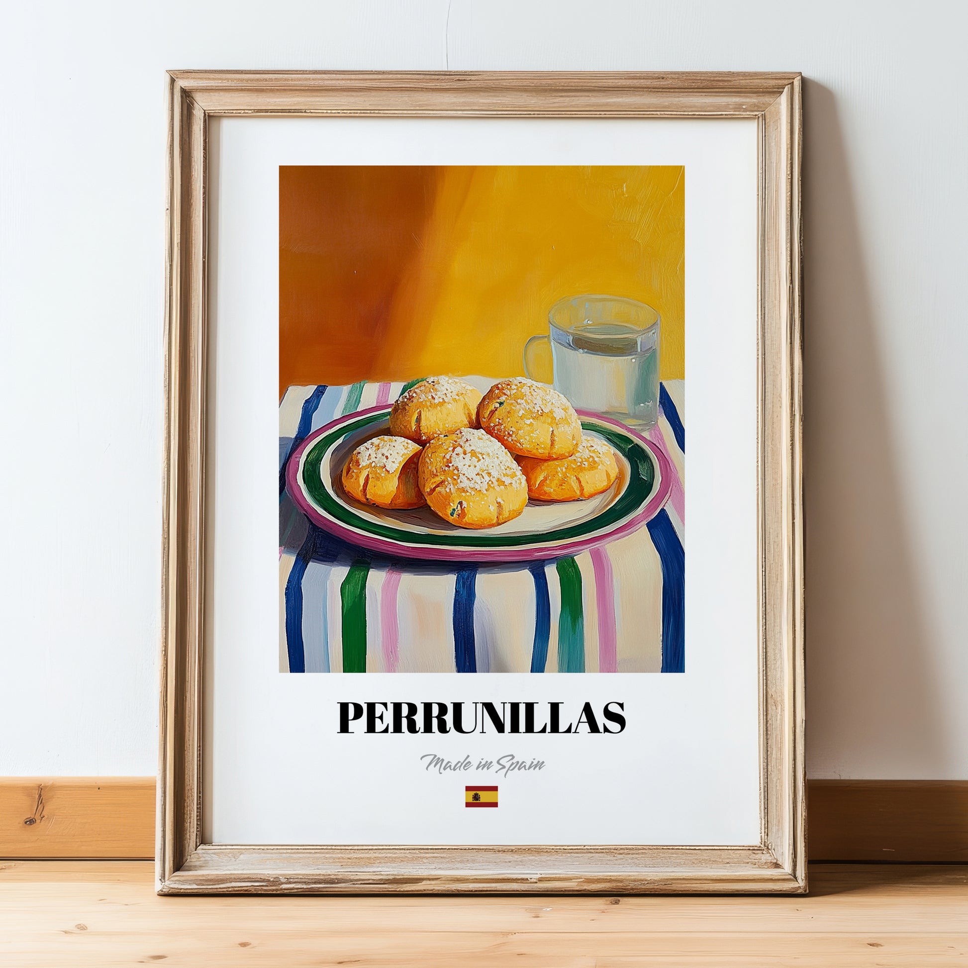 Perrunillas – Colorful Oil Painting, Spanish Dessert Illustration, in wooden frame leaning on the floor