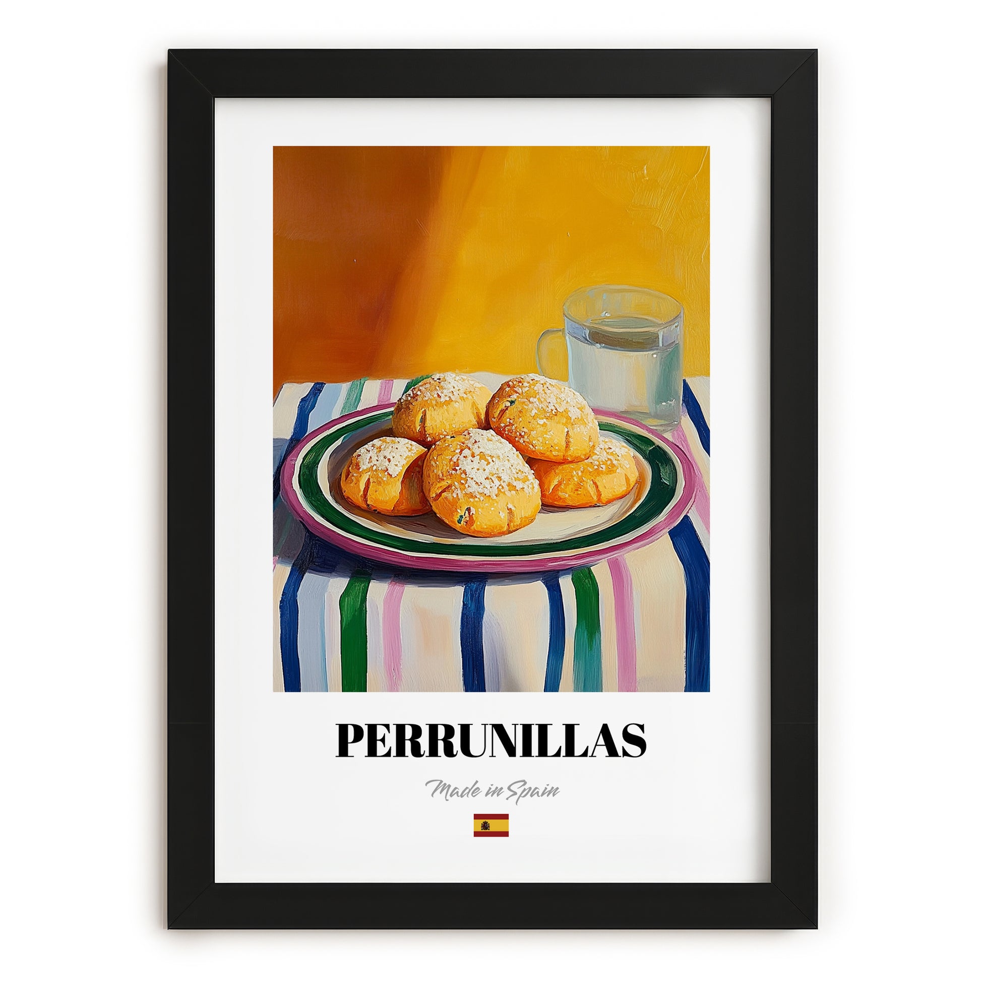 Perrunillas – Colorful Oil Painting, Spanish Dessert Illustration, in sleek black frame