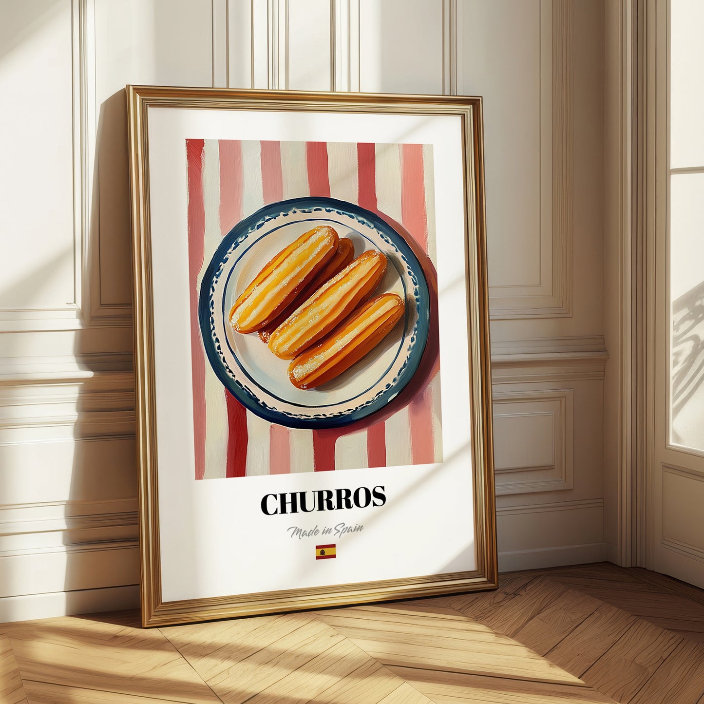 Churros – on Striped Tablecloth, Spanish Dessert Still Life 