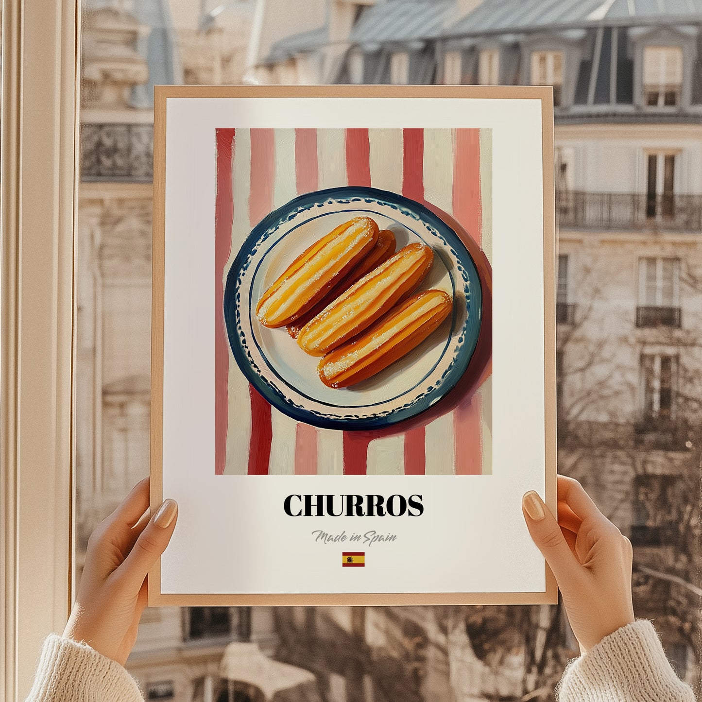 Churros – on Striped Tablecloth, Spanish Dessert Still Life, styled in a charming Paris street view