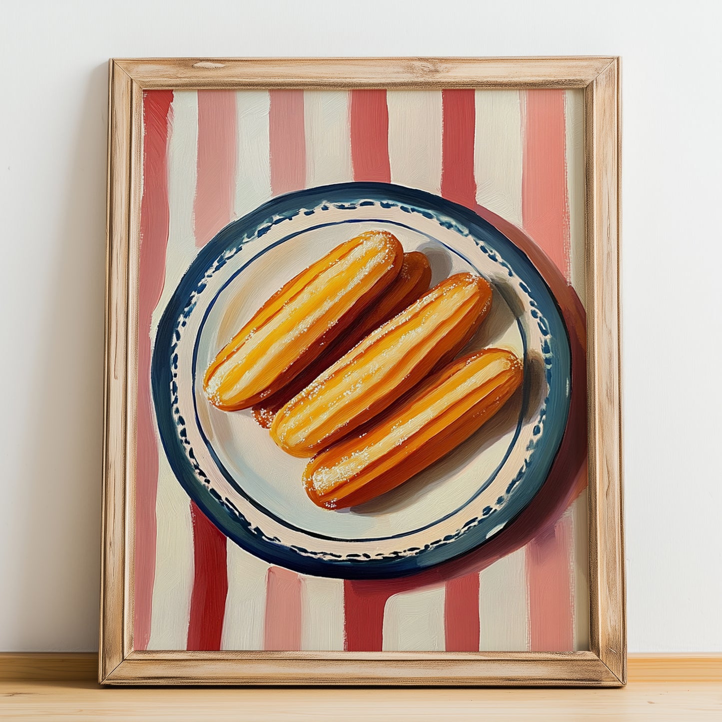 Churros – on Striped Tablecloth, Spanish Dessert Still Life, no-text version framed in wood