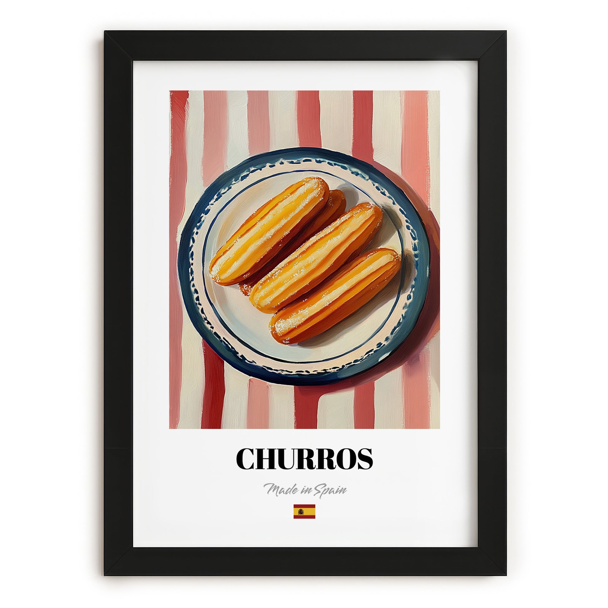 Churros – on Striped Tablecloth, Spanish Dessert Still Life, in sleek black frame