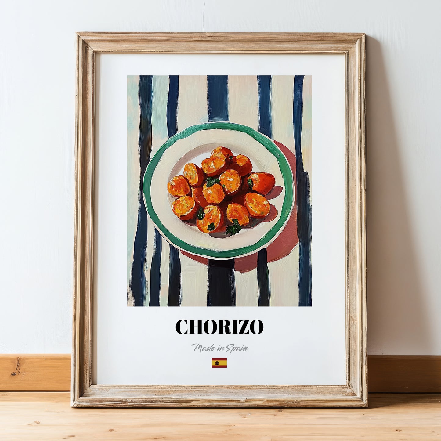 Chorizo – on Striped Tablecloth, Spanish Food Wall Art, in wooden frame leaning on the floor