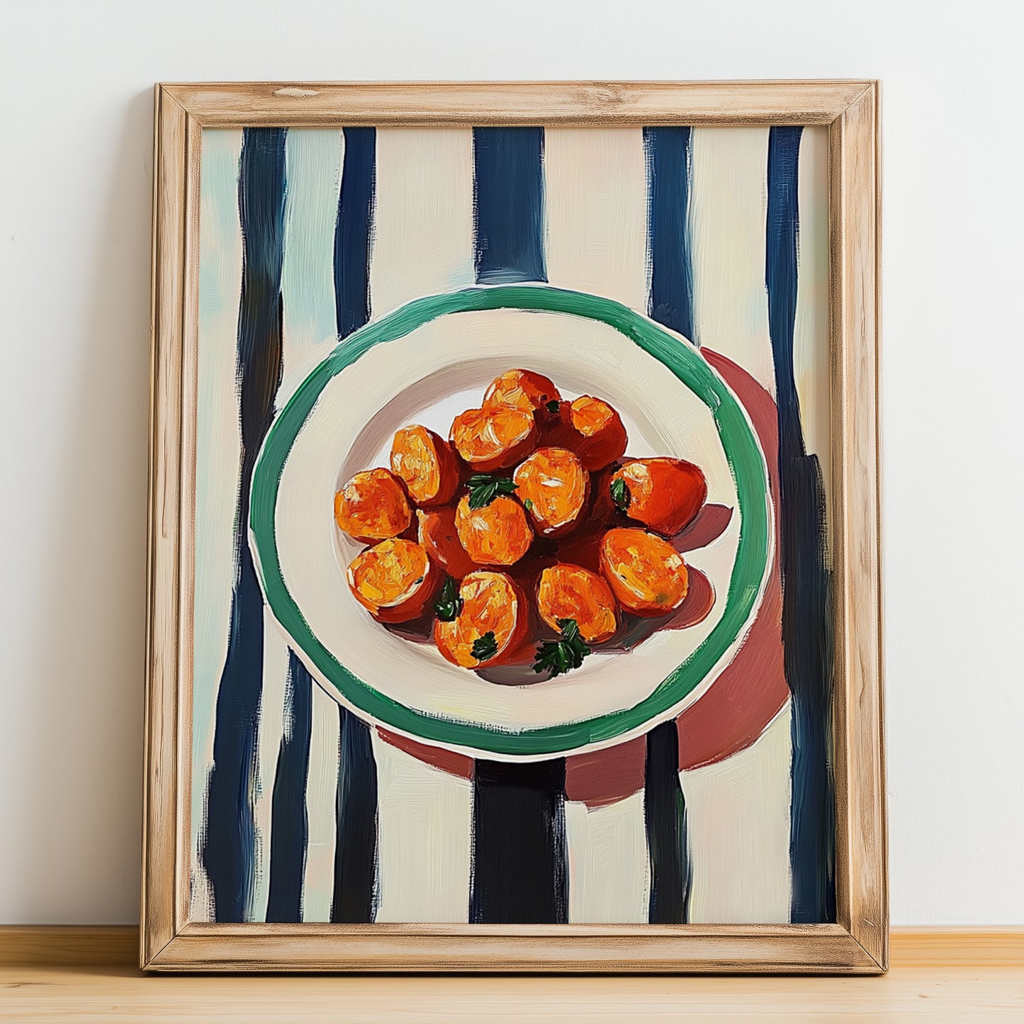 Chorizo – on Striped Tablecloth, Spanish Food Wall Art, no-text version framed in wood