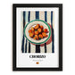 Chorizo – on Striped Tablecloth, Spanish Food Wall Art, in sleek black frame