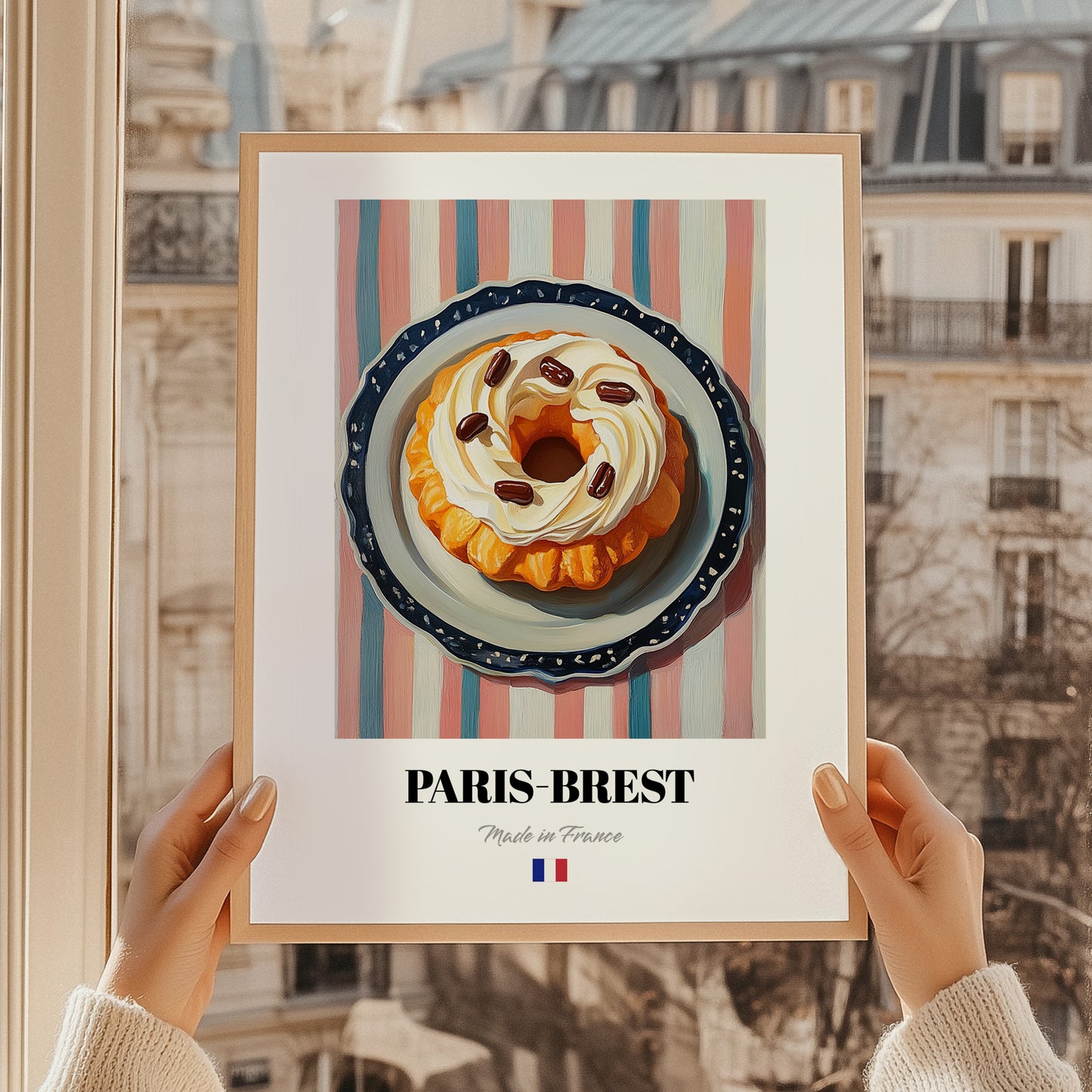 Paris-Brest – on Striped Tablecloth, French French Pastry Art, styled in a charming Paris street view
