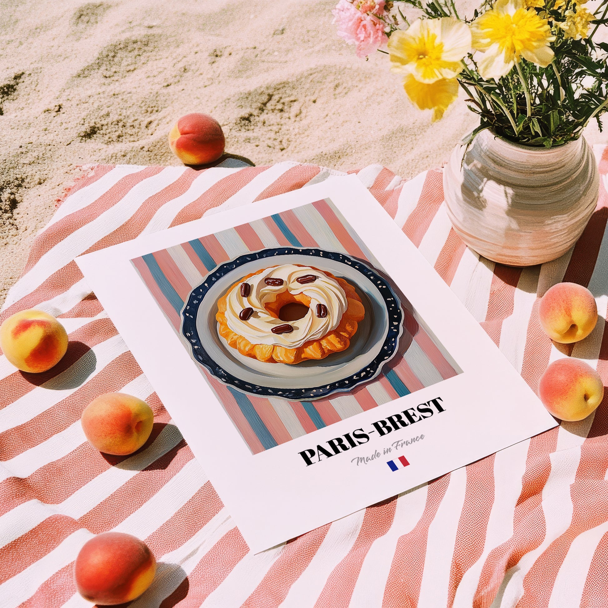 Paris-Brest – on Striped Tablecloth, French French Pastry Art, unframed on coastal sand