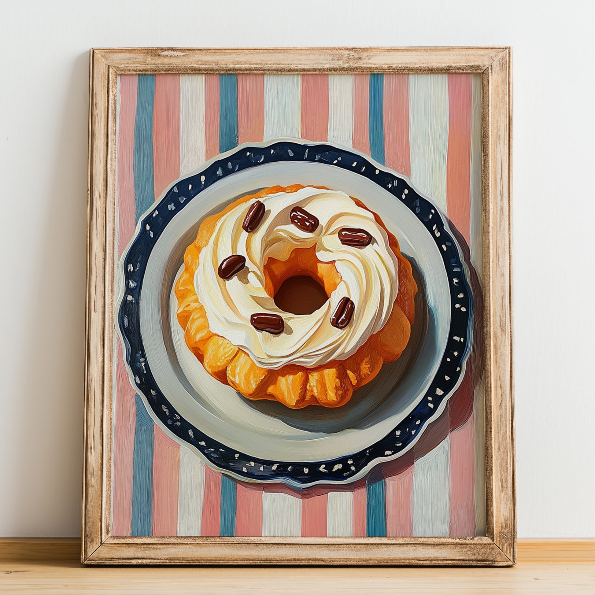 Paris-Brest – on Striped Tablecloth, French French Pastry Art, no-text version framed in wood