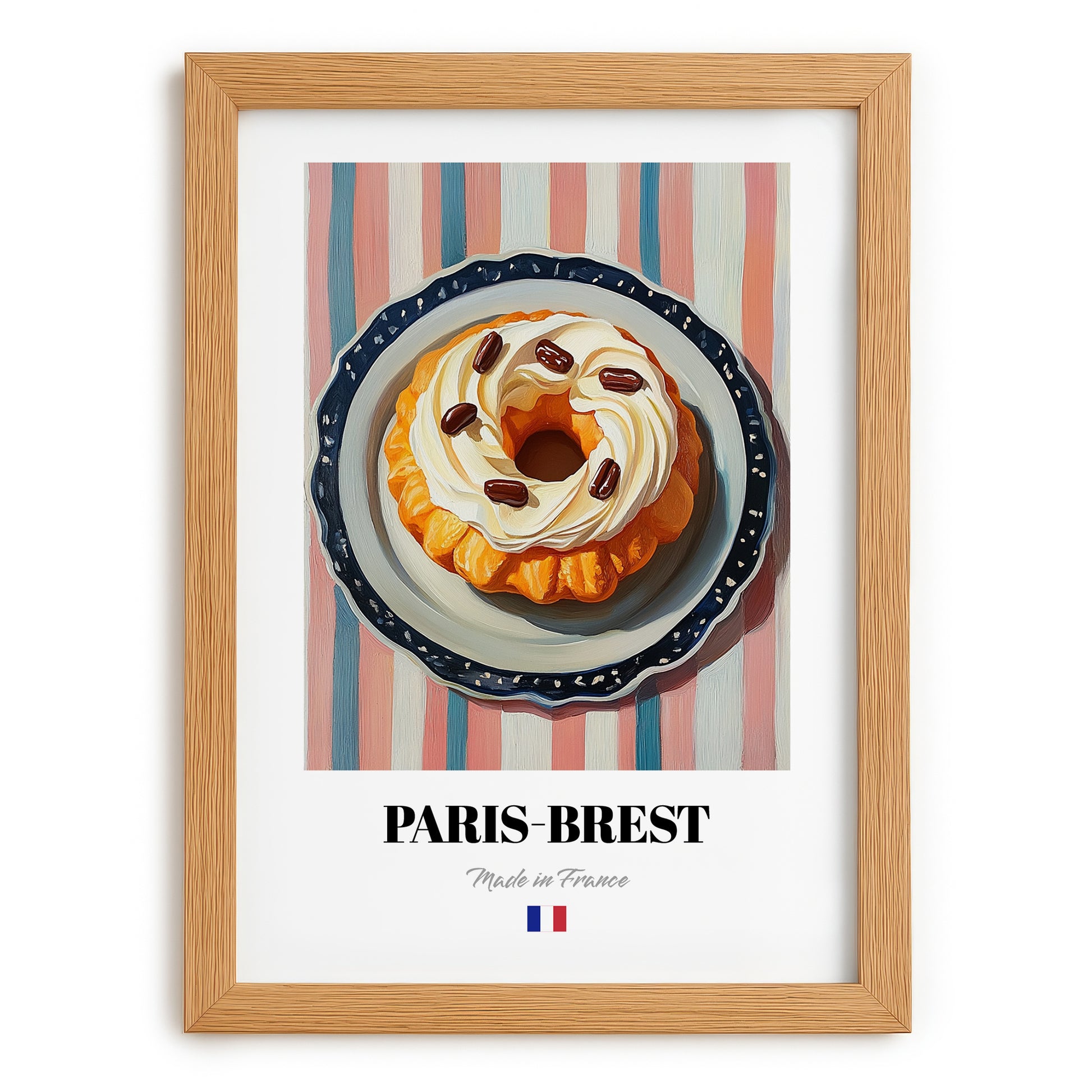 Paris-Brest – on Striped Tablecloth, French French Pastry Art, set in oak frame