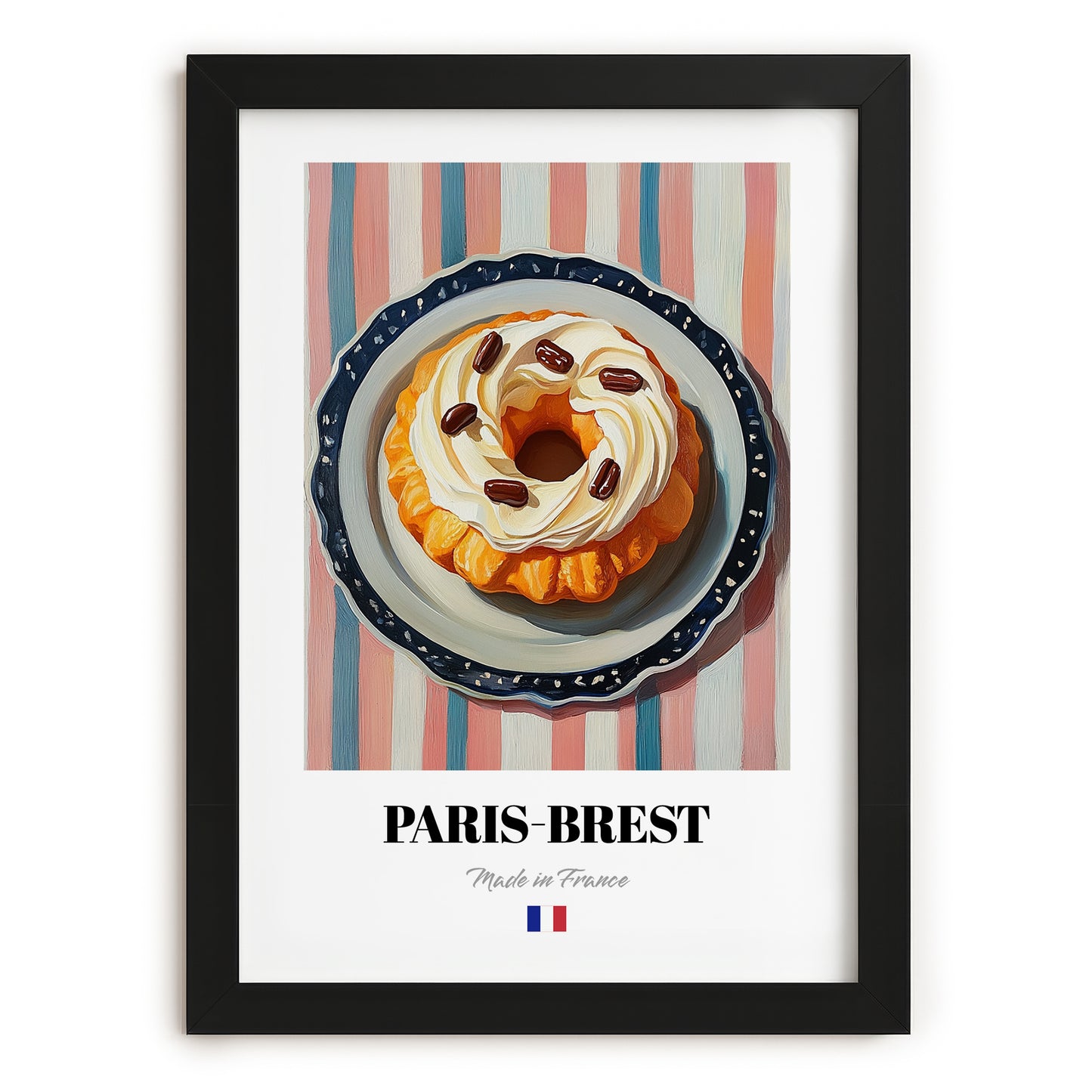 Paris-Brest – on Striped Tablecloth, French French Pastry Art, in sleek black frame