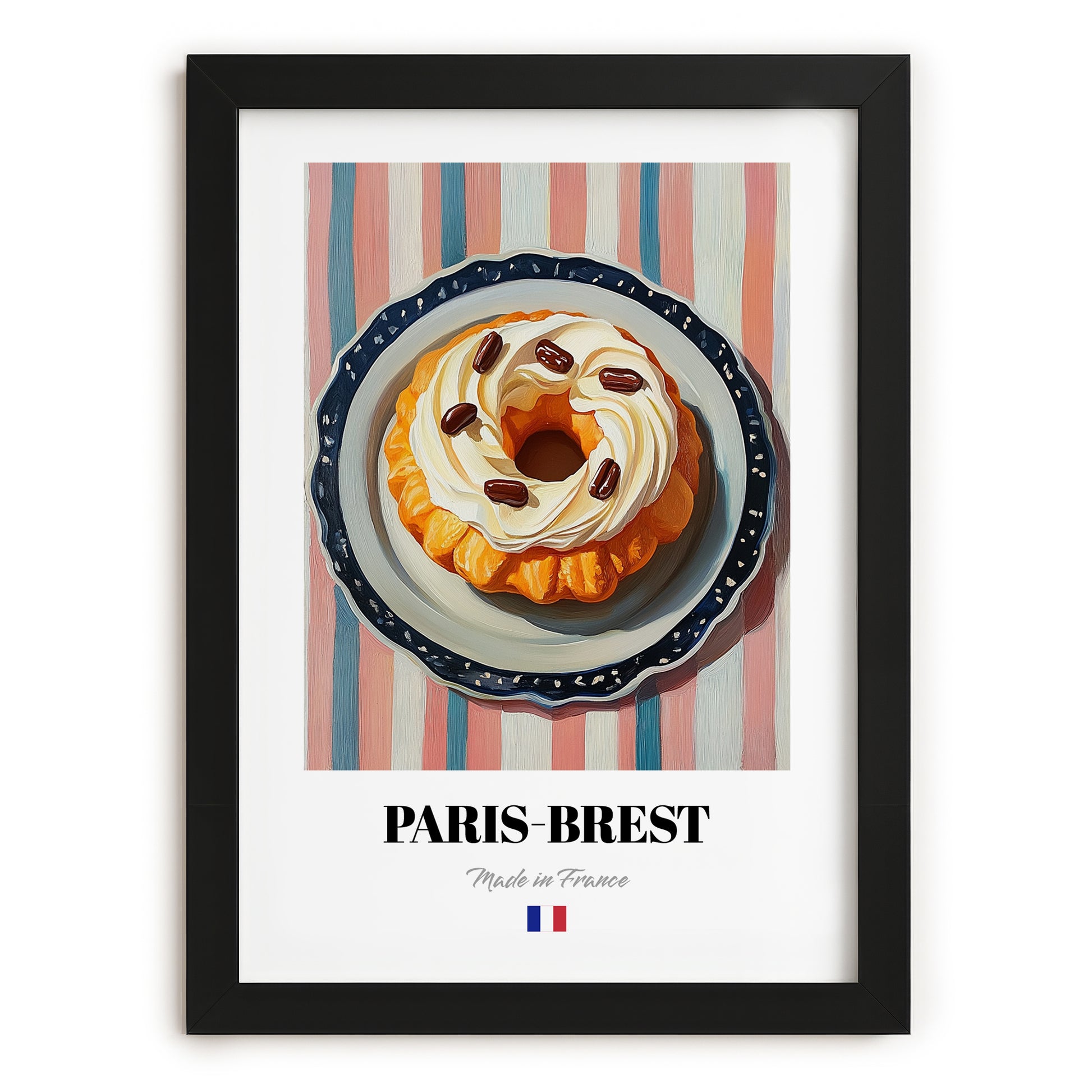 Paris-Brest – on Striped Tablecloth, French French Pastry Art, in sleek black frame