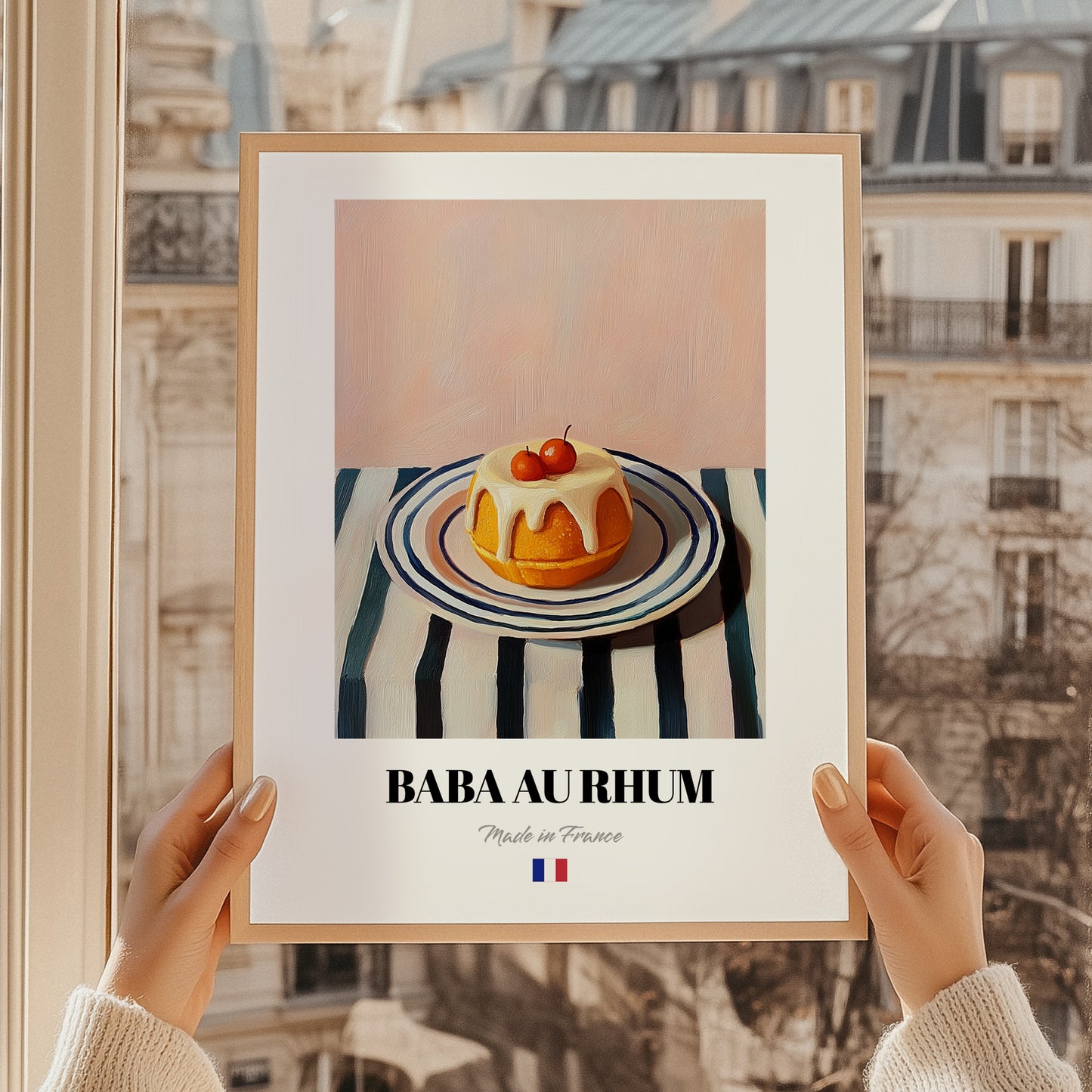Baba au Rhum – on Striped Tablecloth, French French Dessert Wall Decor, styled in a charming Paris street view