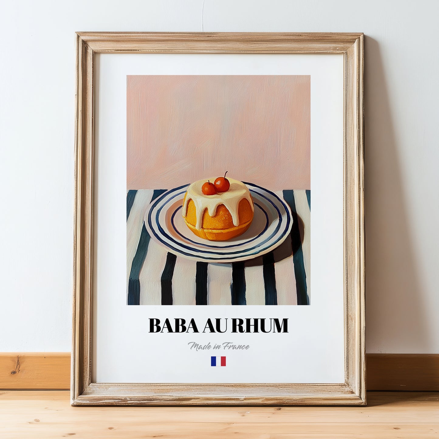 Baba au Rhum – on Striped Tablecloth, French French Dessert Wall Decor, in wooden frame leaning on the floor