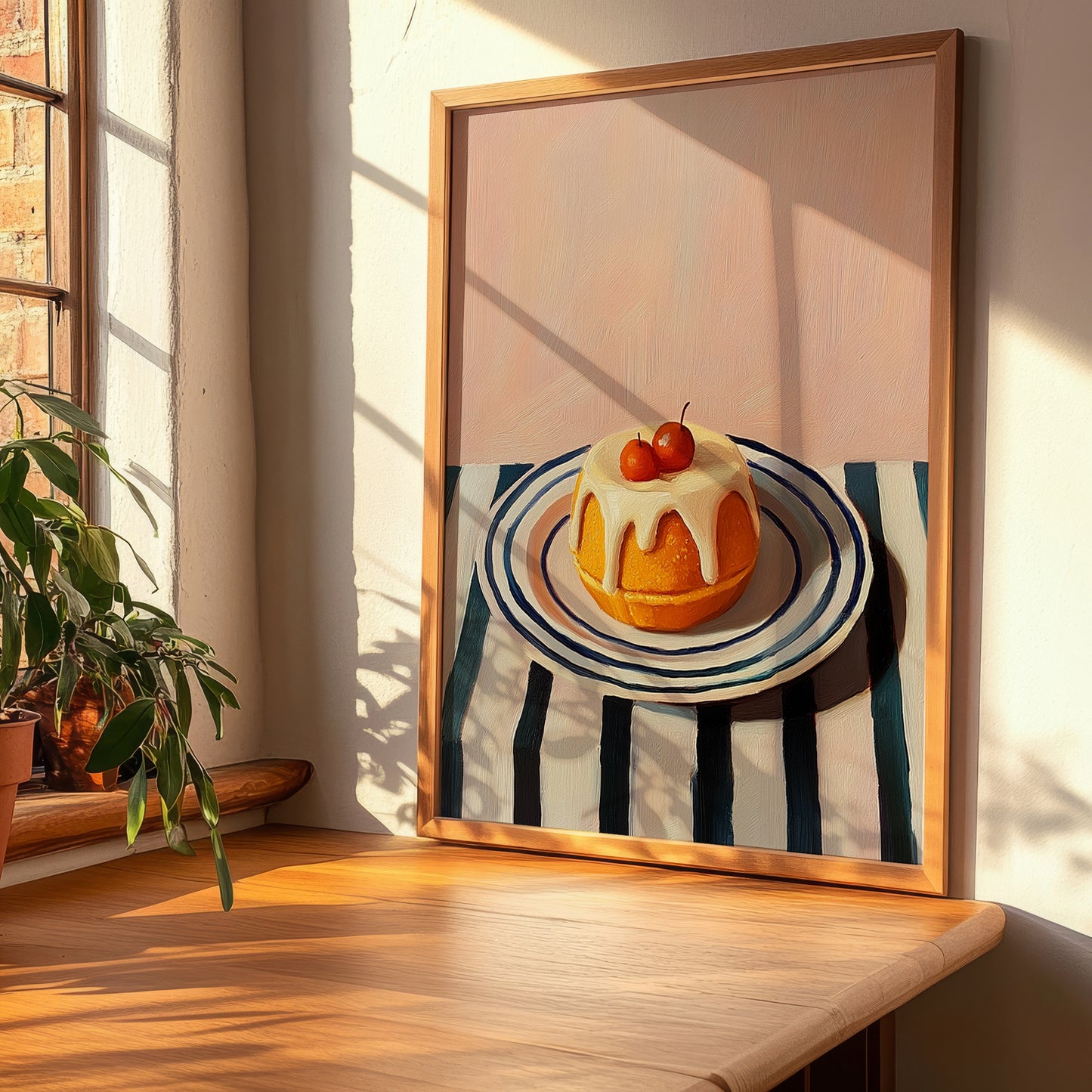 Baba au Rhum – on Striped Tablecloth, French French Dessert Wall Decor, clean layout with no caption