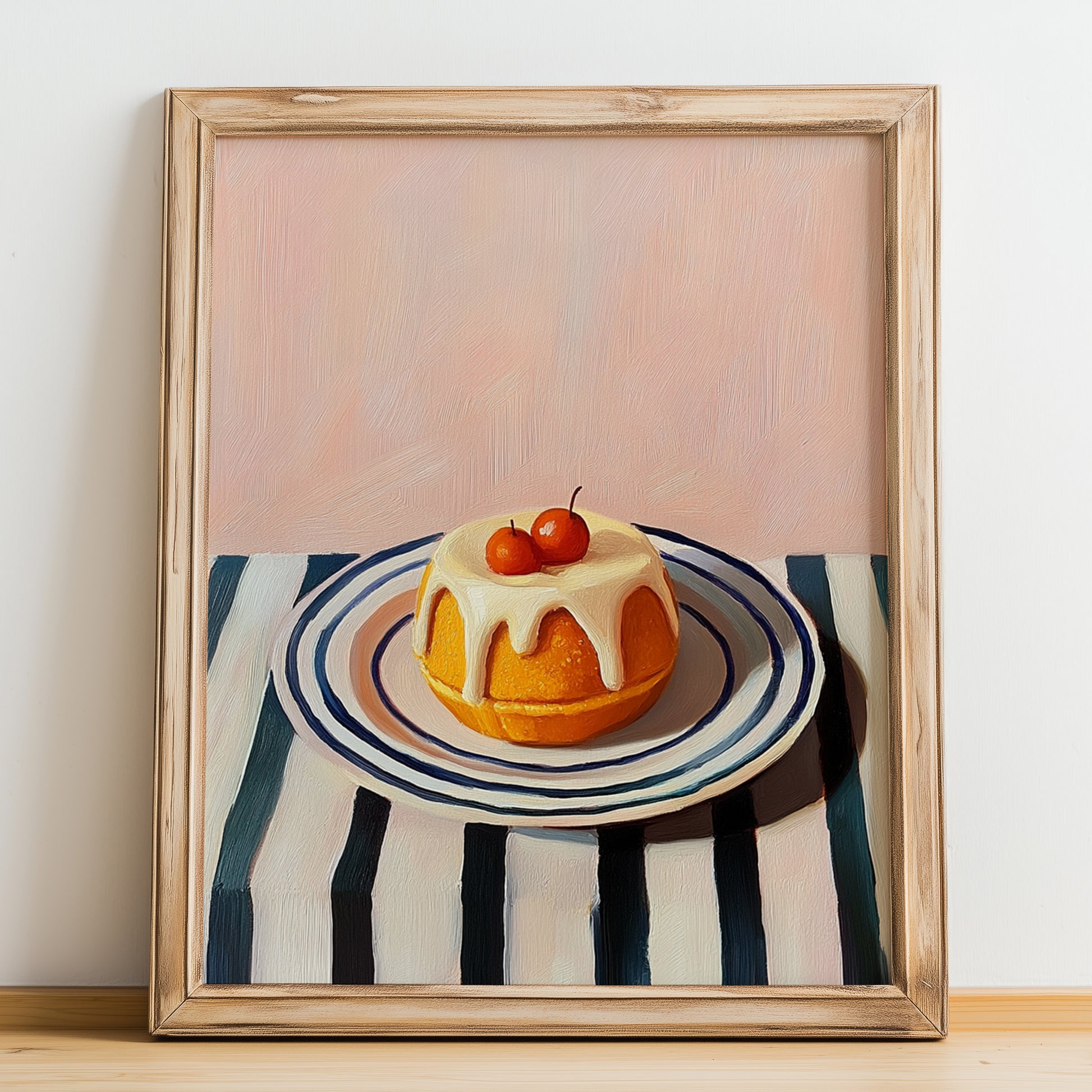 Baba au Rhum – on Striped Tablecloth, French French Dessert Wall Decor, no-text version framed in wood