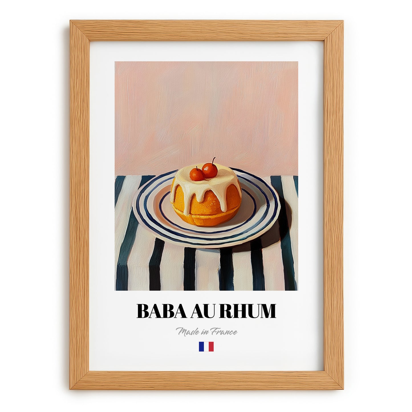 Baba au Rhum – on Striped Tablecloth, French French Dessert Wall Decor, set in oak frame