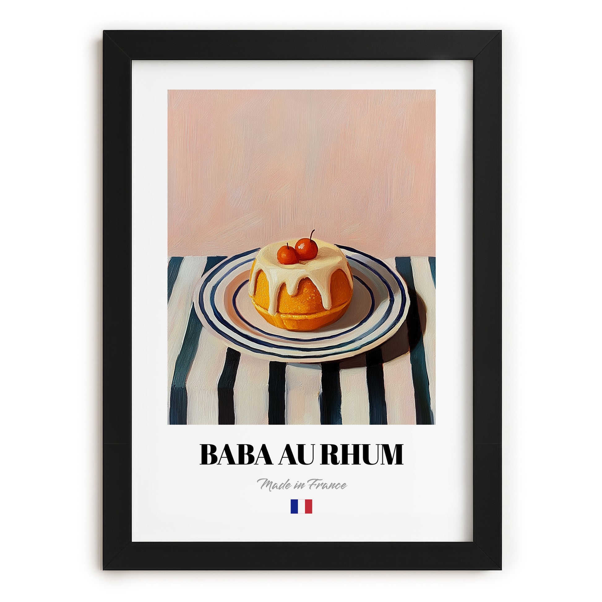Baba au Rhum – on Striped Tablecloth, French French Dessert Wall Decor, in sleek black frame