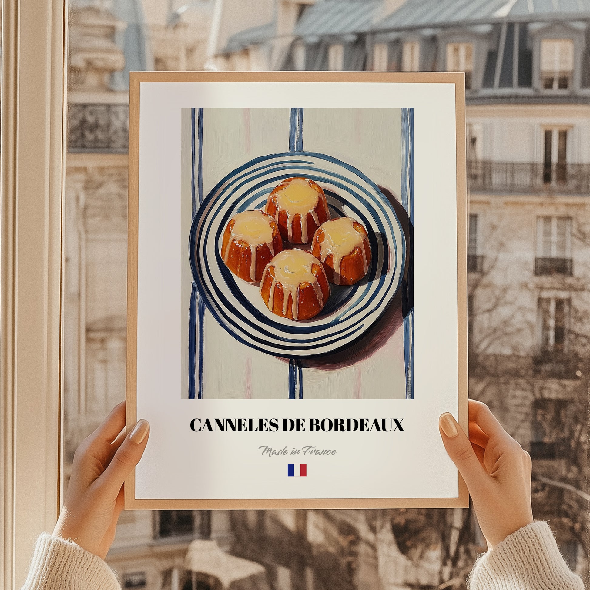 Canelés de Bordeaux – on Striped Tablecloth, French French Pastry Still Life, styled in a charming Paris street view