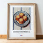 Canelés de Bordeaux – on Striped Tablecloth, French French Pastry Still Life, in wooden frame leaning on the floor