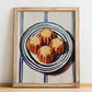 Canelés de Bordeaux – on Striped Tablecloth, French French Pastry Still Life, no-text version framed in wood